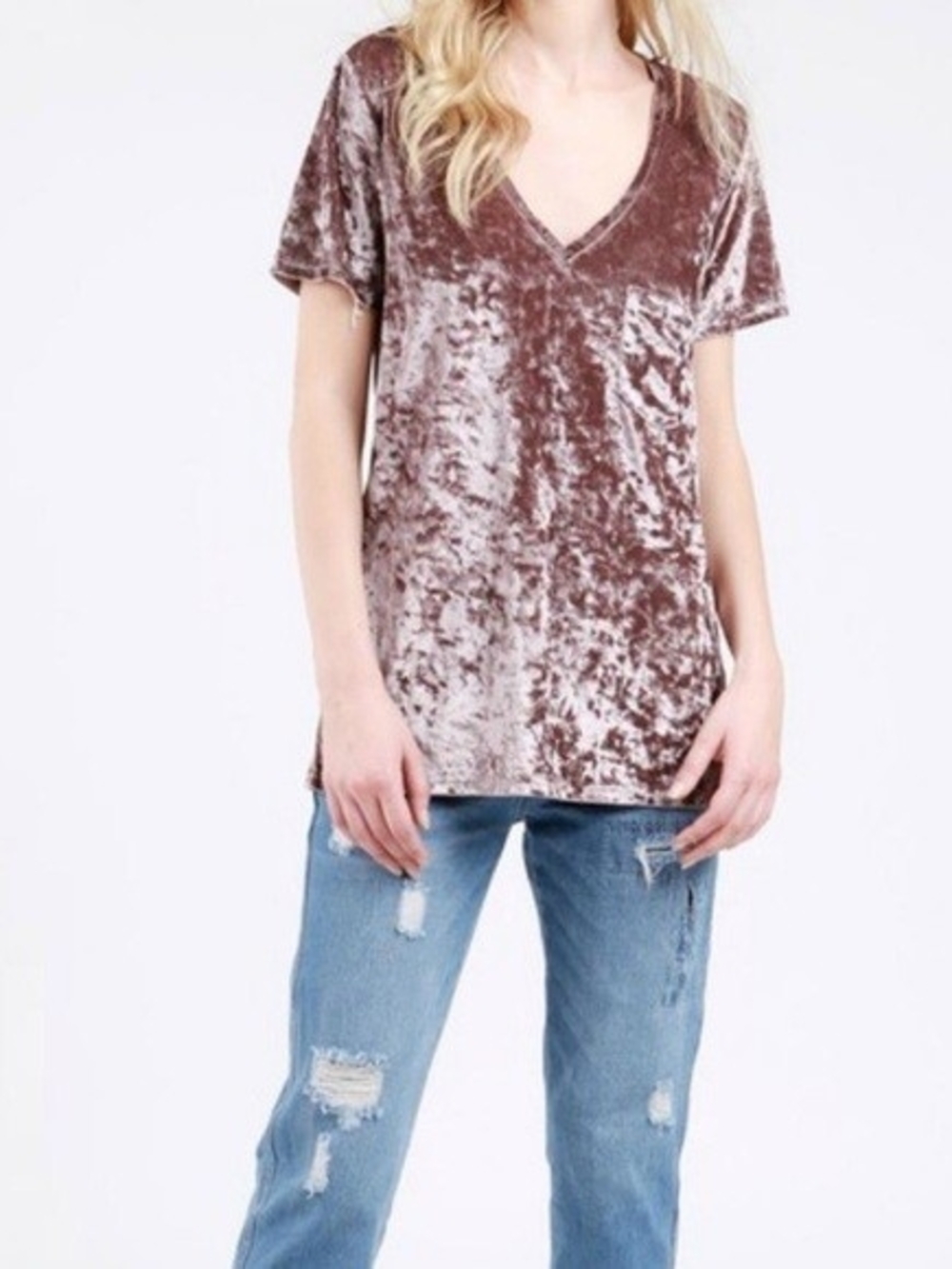 🔮 POL Velvet V-Neck Short Sleeve Top - Grey-purple